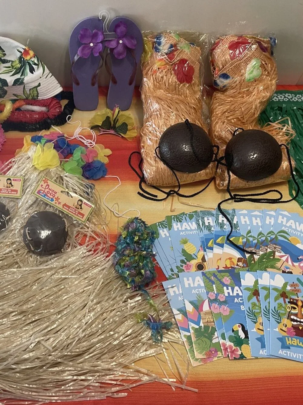 Hawaiian tropical Luau party-grass table skirts, hula skirts/bikini tops